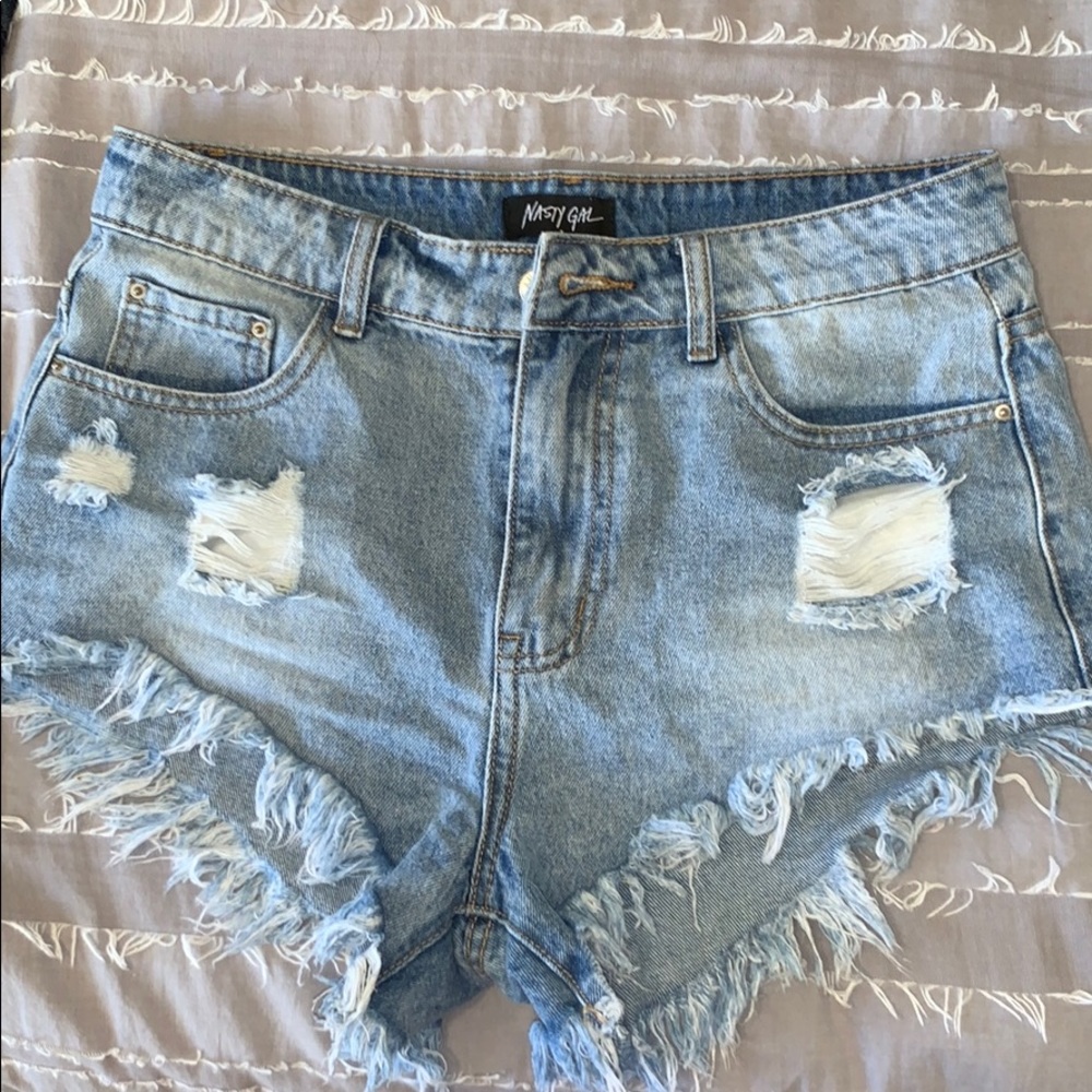 Nasty Gal High Waisted Light Denim Flare Shorts